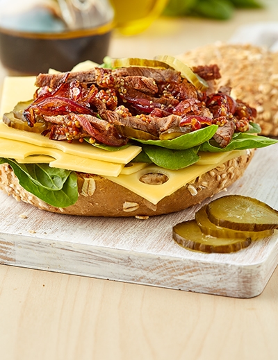 Steak sandwich with caramelized onions & cheese