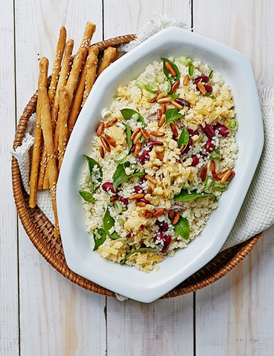 Quinoa with pine nuts, green onions, and edam